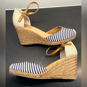 White Mountain Mamba Wedge Espadrille Blue/White Stripe Leather Ankle Strap 11 M